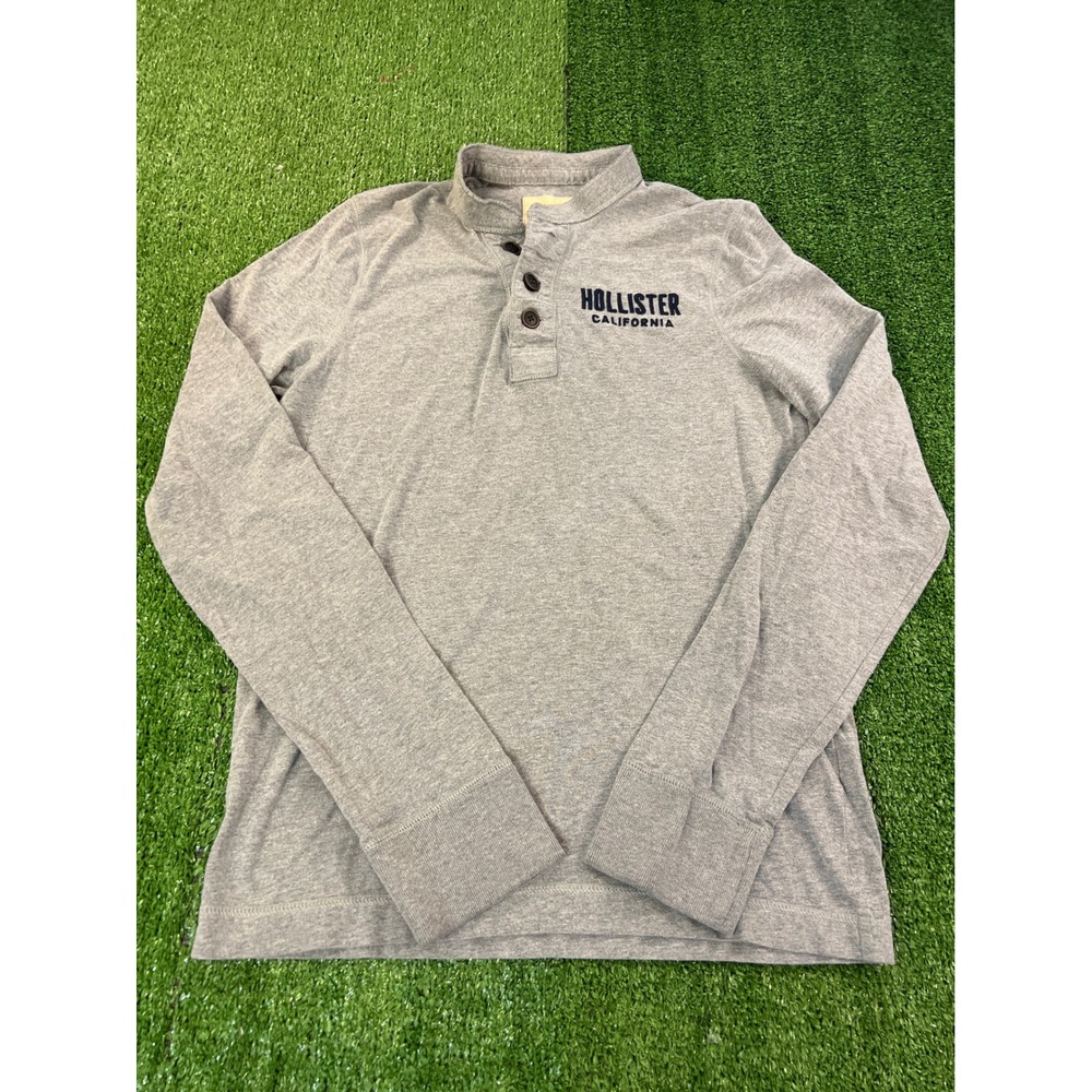 Hollister California Mens Large Gray Long Sleeve Henley Shirt‎ Mock Neck Logo LG